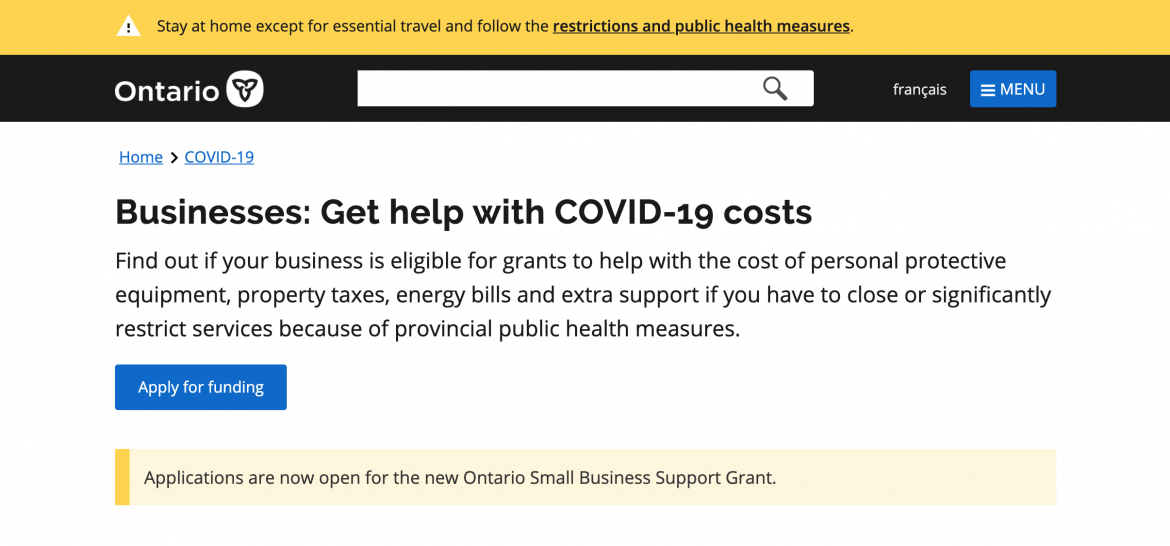 Ontario –  Businesses Get help with COVID-19 costs